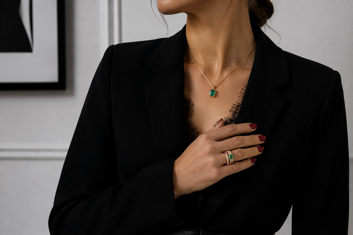 Bijoux colorés avec une tenue noire et blanche pour une élégante touche de couleur.