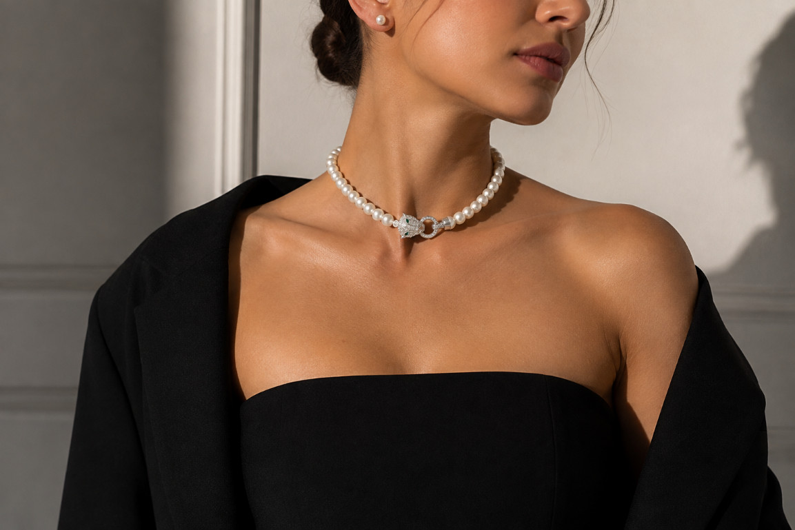 Collier de perles associé à une tenue noire pour un style moderne et élégant.
