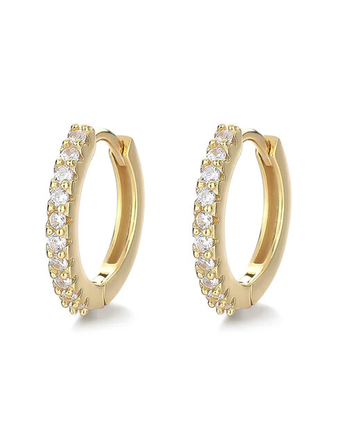 Gold pavé huggie earrings with round white zirconias, 18K gold plated, by Maxdilon Jewellery