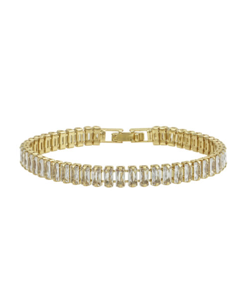 Glam Bracelet in 18K gold plated copper with geometric design and rectangular white Swarovski Zirconia stones, luxurious and sparkling