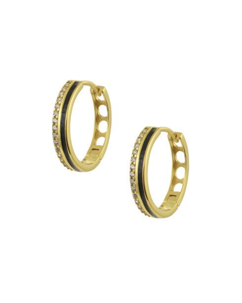 Luxury Tokio hoop earrings in S925 sterling silver with black enamel inlay, yellow gold finish and rhinestones by Max Dilon Jewellery