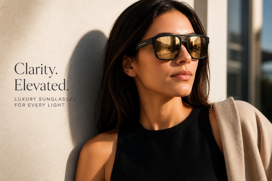 mujer usando gafas de sol de lujo con expresión relajada bajo luz natural minimal fashion style