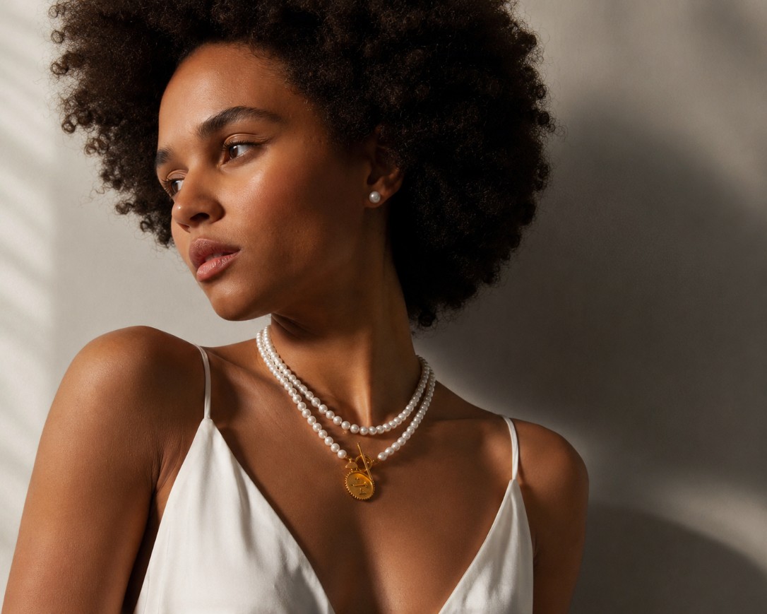 Femme portant plusieurs colliers en perles de culture d'eau douce avec une élégante robe blanche en satin.