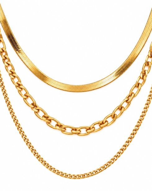 Set Siena de tres cadenas bañadas en oro de 18K de diferentes largos y texturas
